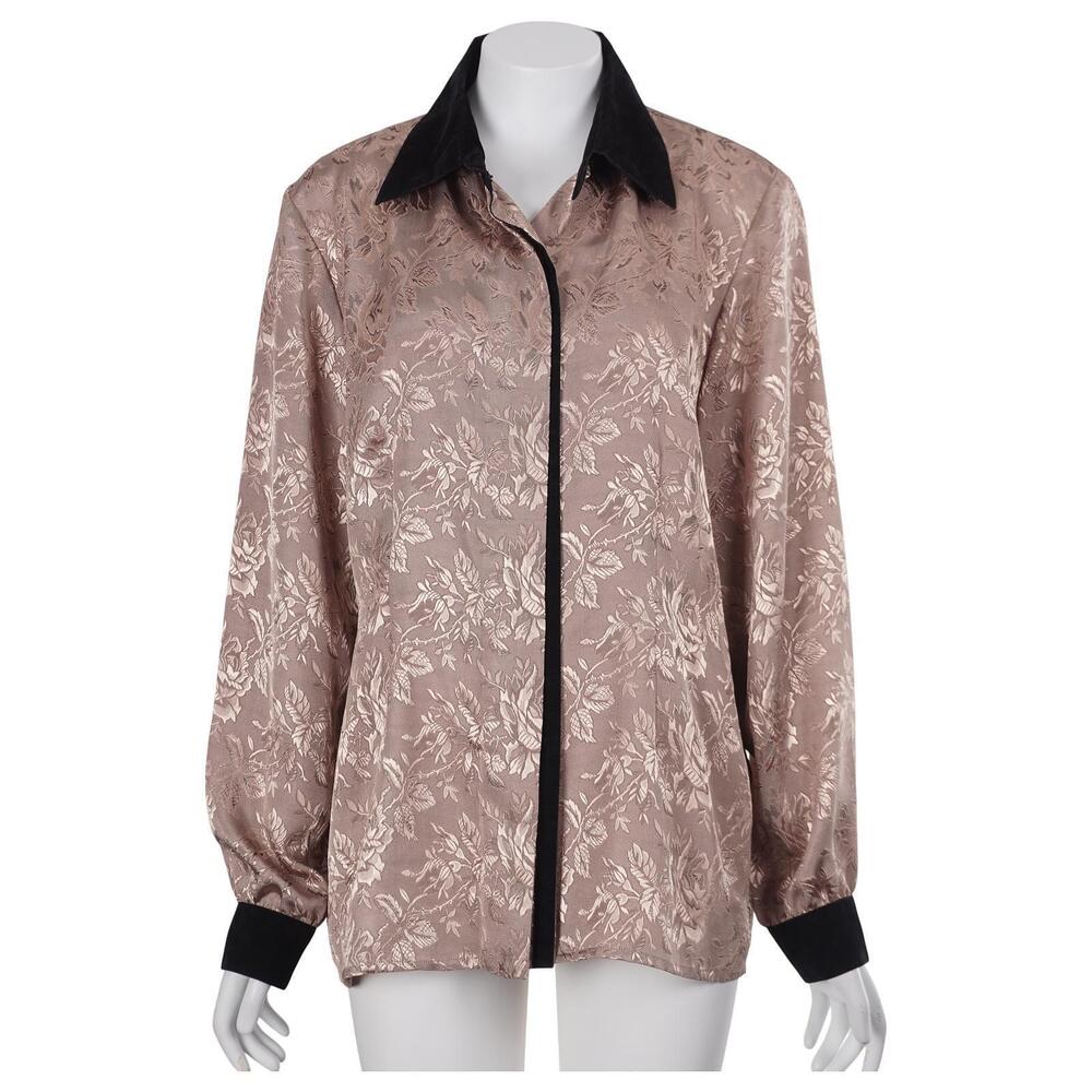 Susan Hutton Vintage Top 12 Brown Floral Jacquard Sheen Button Up Velvet Trim